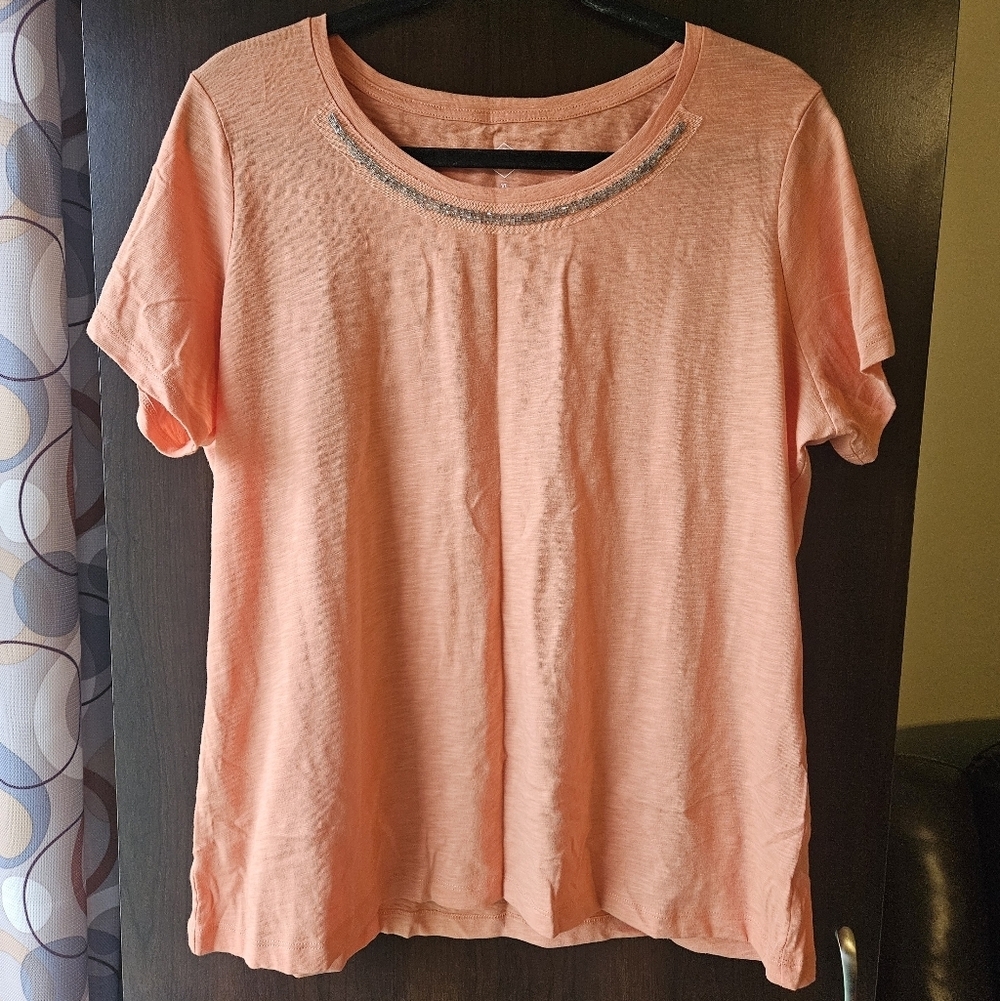 St. John's Bay Peach Short Sleeve Top with Embellished Neckline Size XL